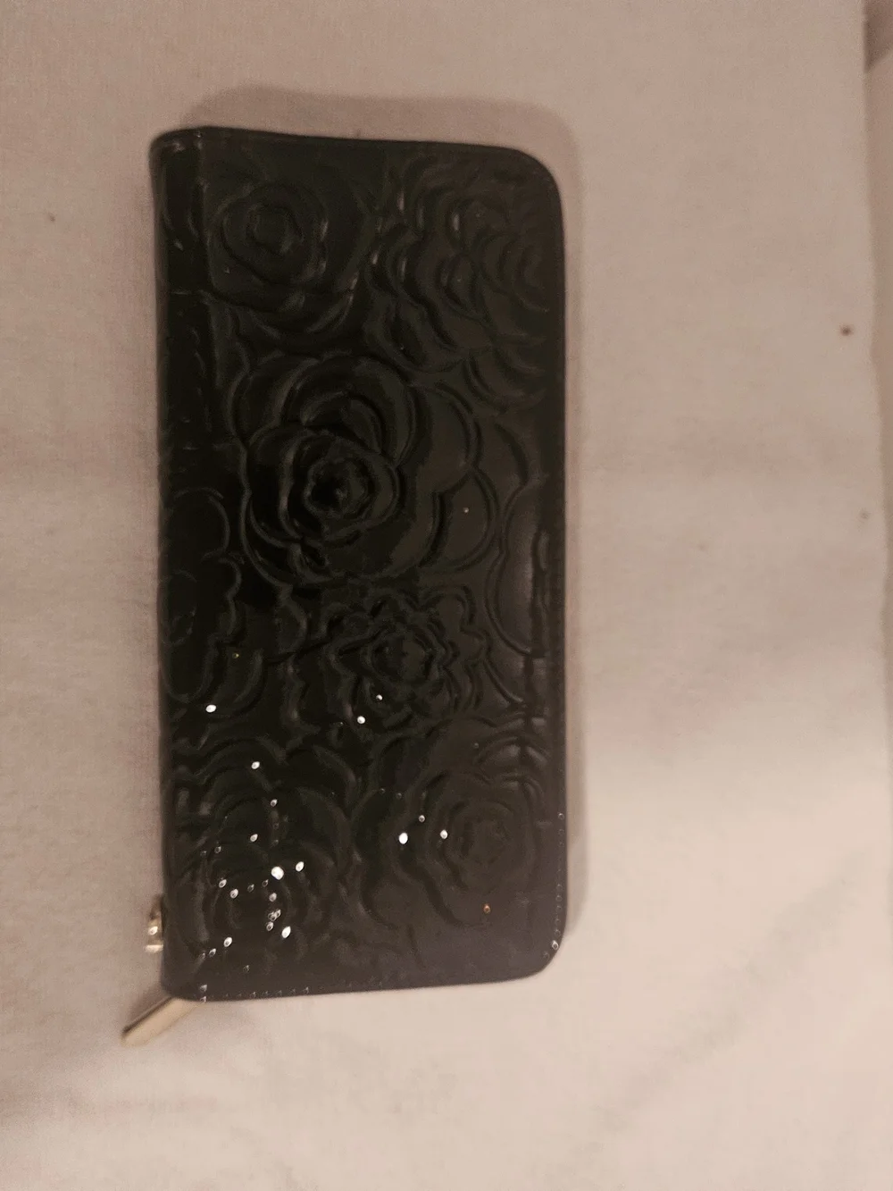 Glossy Black Floral Zip-Around Wallet